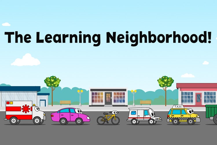 cartoon styled illustration of cars in a line in front of buildings