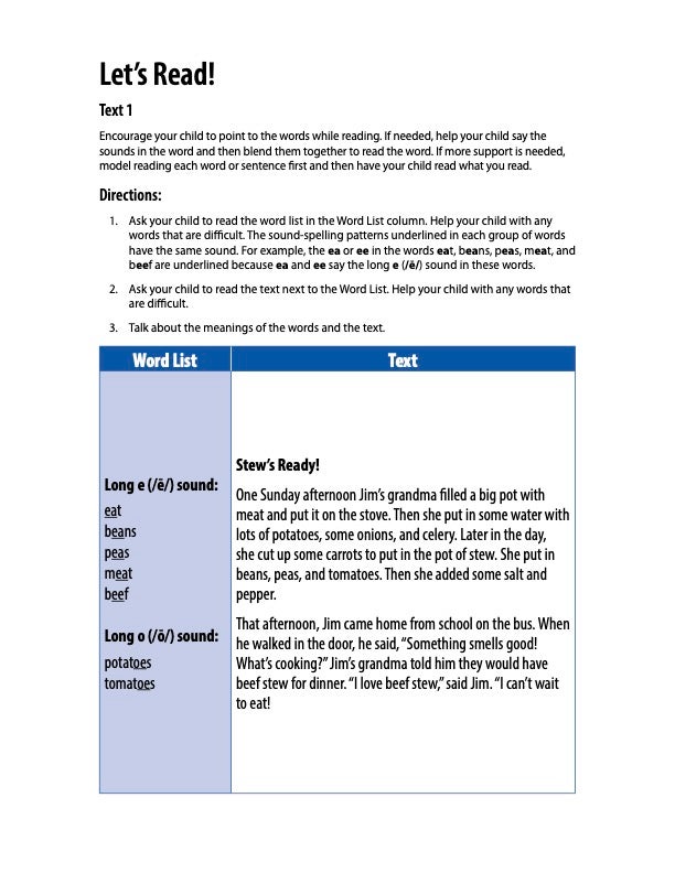 Read Example Supporting Your Child’s Reading at Home: Second Grade | Florida Center ...