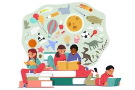 an illustration of children on a giant stack of books