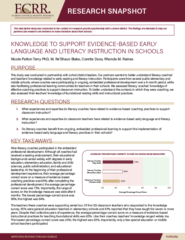 Knowledge to Support Evidence-Based Early Language and Literacy Instruction in Schools