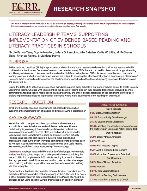 Literacy Leadership Teams: Supporting Implementation of Evidence-Based Reading and Literacy Practices in Schools