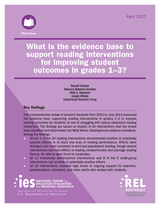 What is the evidence base to support reading interventions for improving student outcomes in grades 1-3?