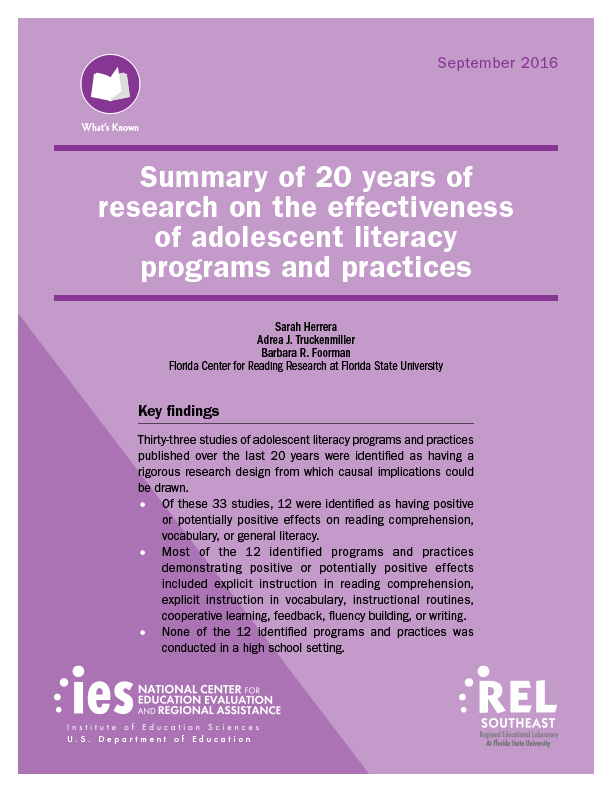 Summary of 20 years of research on the effectiveness of adolescent literacy programs and practices