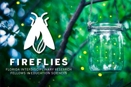 FIREFLIES logo superimposed on an image of a tree with a jar of lightning bugs
